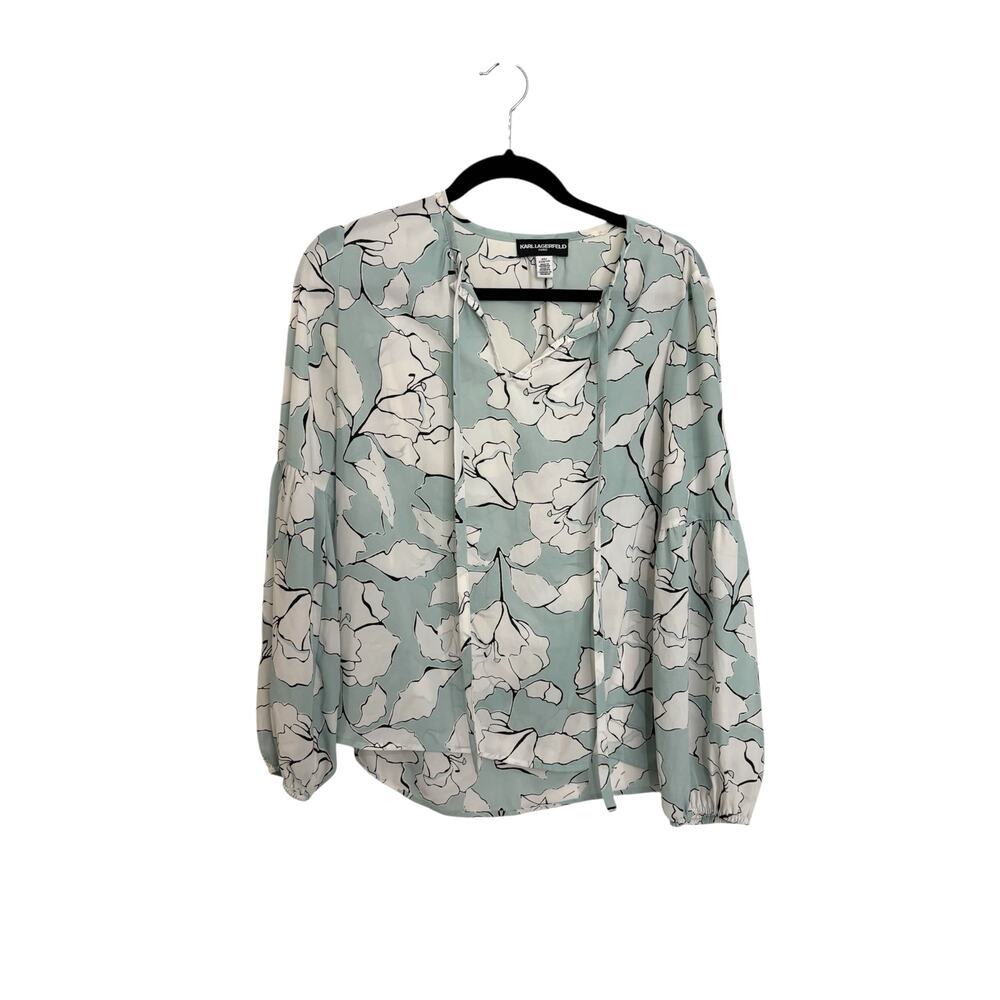 Karl Lagerfeld Top Womens XS Floral Tie Neck Balloon Sleeve Sea Foam Blue Blouse